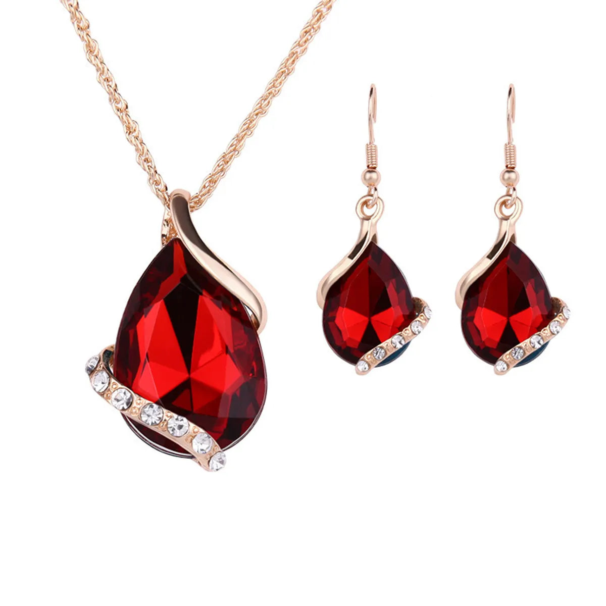 Fashion Water Droplets Alloy Inlay Zircon Women'S Earrings Necklace 1 Set