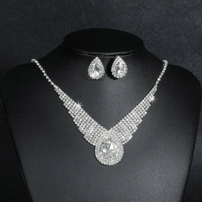 Fashion Water Droplets Artificial Crystal Metal Inlay Rhinestones Earrings Necklace 1 Set