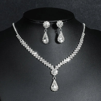 Fashion Water Droplets Artificial Crystal Metal Inlay Rhinestones Earrings Necklace 1 Set