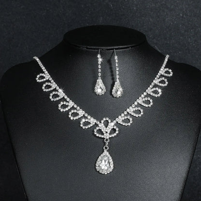 Fashion Water Droplets Artificial Crystal Metal Inlay Rhinestones Earrings Necklace 1 Set