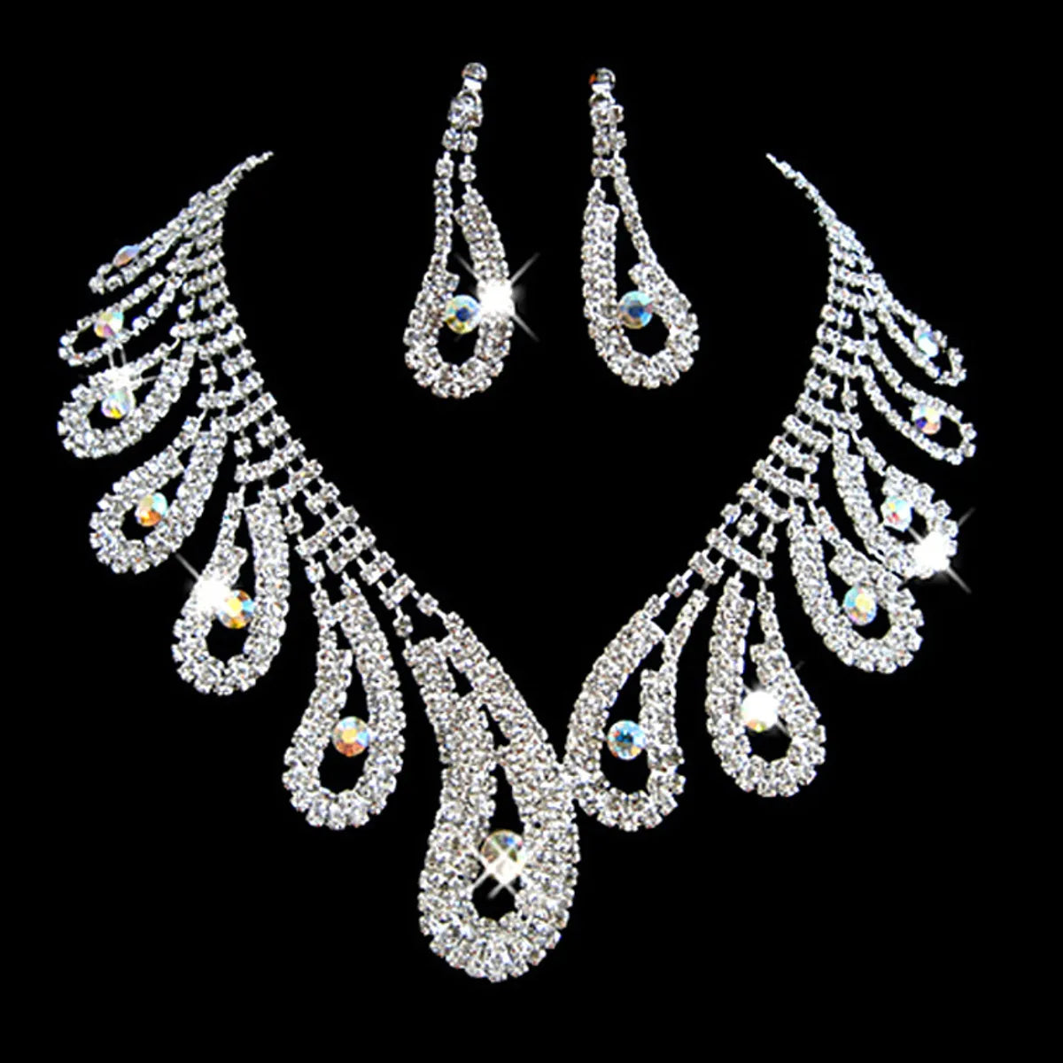 Fashion Water Droplets Flower Alloy Rhinestones Women'S Earrings Necklace