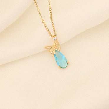 Fashion Water Droplets Heart Shape Butterfly Copper Plating Inlay Zircon Pendant Necklace 1 Piece