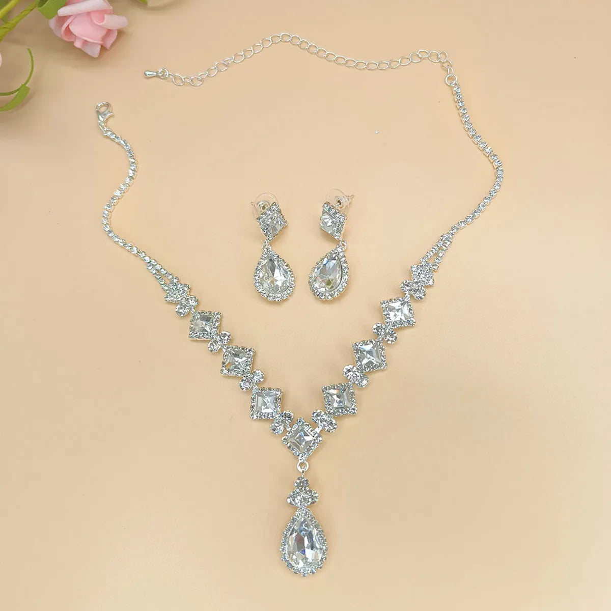 Fashion Water Droplets Rhinestone Inlay Zircon Bracelets Earrings Necklace 1 Set