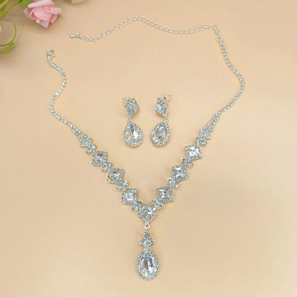 Fashion Water Droplets Rhinestone Inlay Zircon Bracelets Earrings Necklace 1 Set