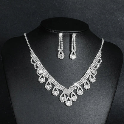 Fashion Water Droplets Tassel Artificial Crystal Metal Inlay Rhinestones Earrings Necklace 1 Set