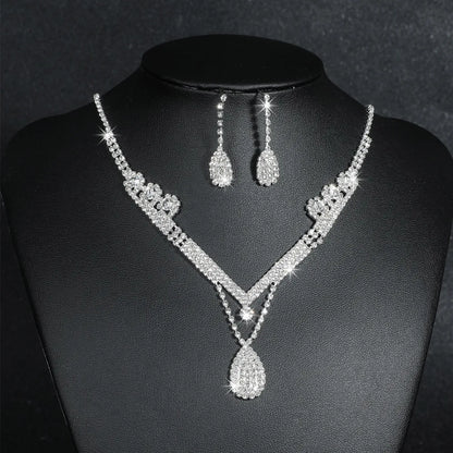 Fashion Water Droplets Tassel Artificial Crystal Metal Inlay Rhinestones Earrings Necklace 1 Set