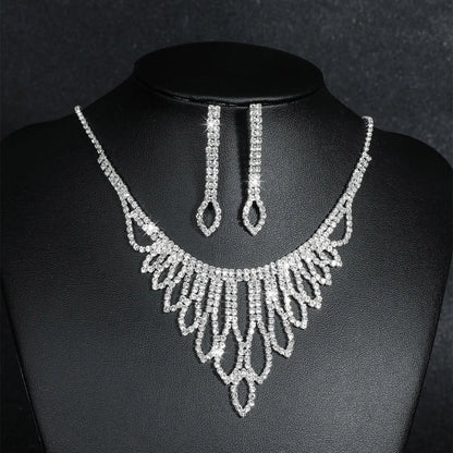 Fashion Water Droplets Tassel Artificial Crystal Metal Inlay Rhinestones Earrings Necklace 1 Set