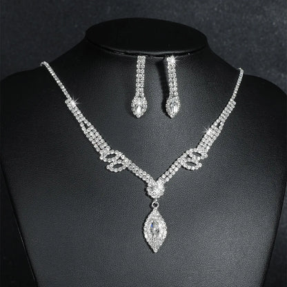 Fashion Water Droplets Tassel Artificial Crystal Metal Inlay Rhinestones Earrings Necklace 1 Set