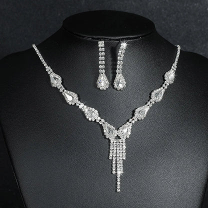 Fashion Water Droplets Tassel Artificial Crystal Metal Inlay Rhinestones Earrings Necklace 1 Set