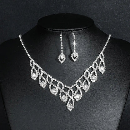 Fashion Water Droplets Tassel Artificial Crystal Metal Inlay Rhinestones Earrings Necklace 1 Set