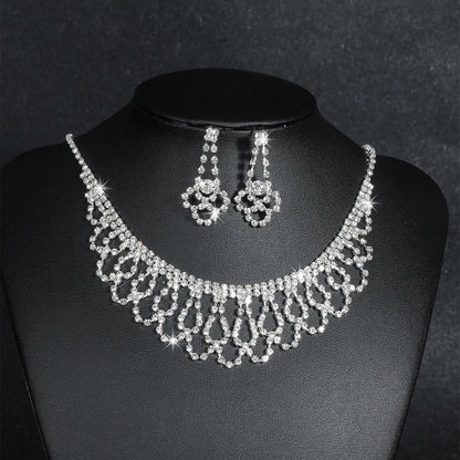 Fashion Water Droplets Tassel Artificial Crystal Metal Inlay Rhinestones Earrings Necklace 1 Set