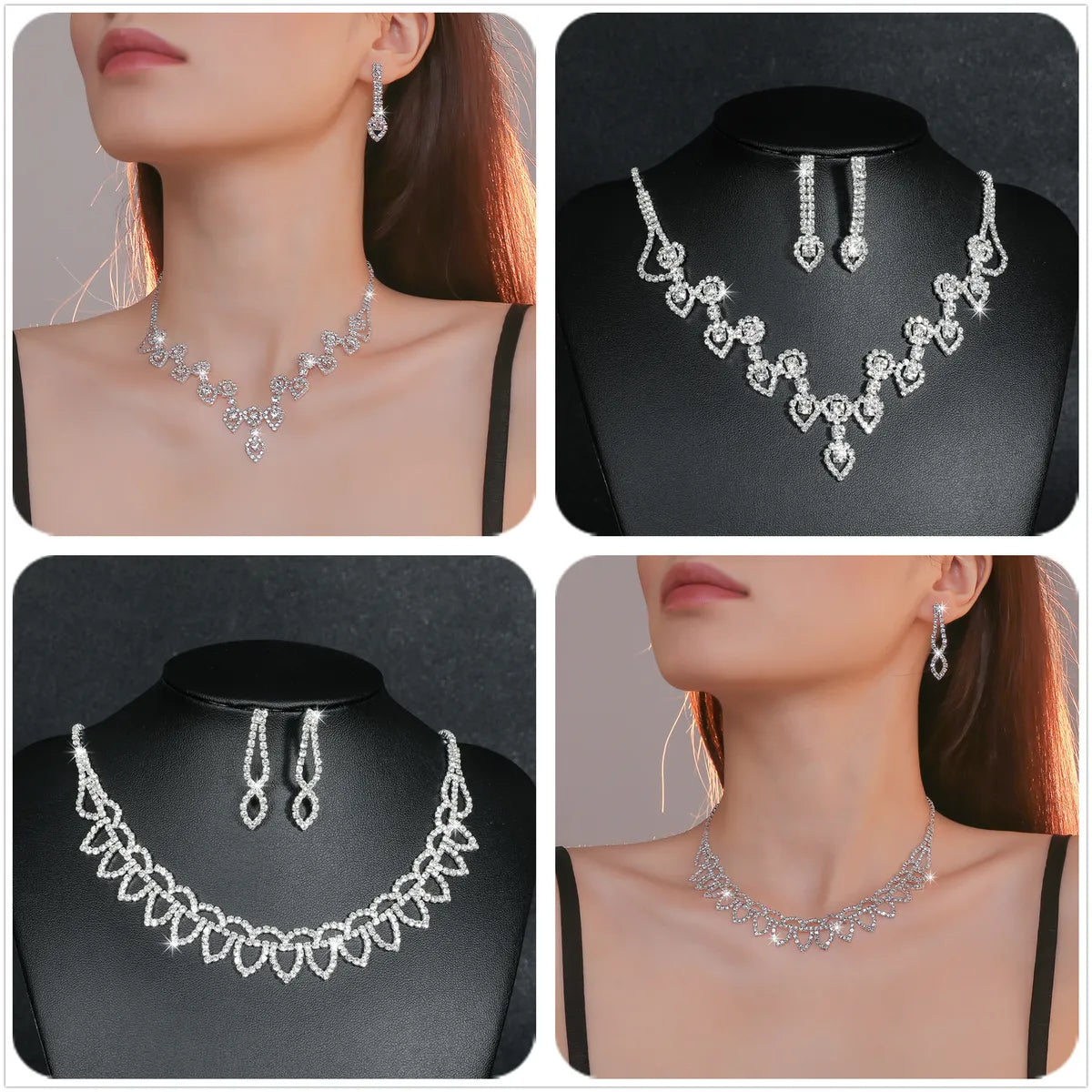 Fashion Water Droplets Tassel Heart Shape Artificial Crystal Metal Inlay Rhinestones Earrings Necklace 1 Set