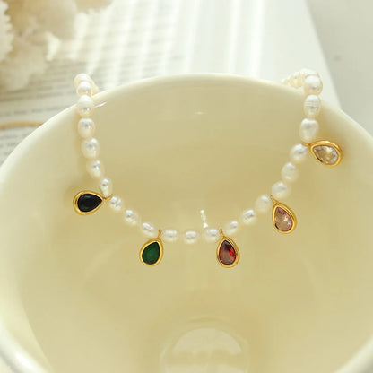 Fashion Water Droplets Titanium Steel Choker Pearl Inlay Artificial Crystal Stainless Steel Necklaces