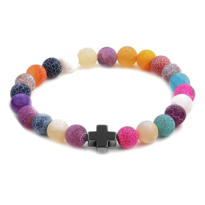 Fashion Weathered Agate Stone Bead Bracelet Sports Dumbbell Cross Elastic Bracelet