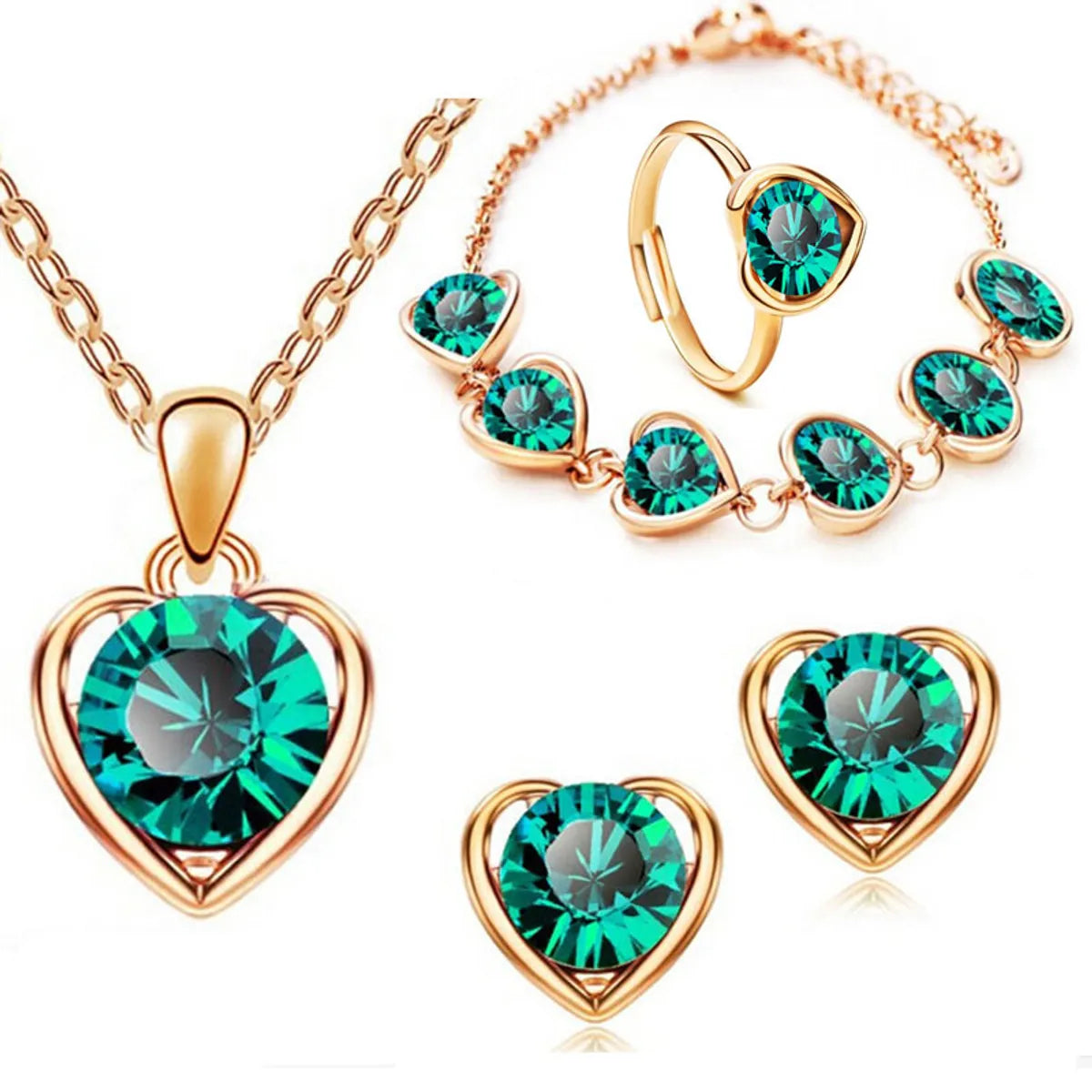 Fashion Wholesale Crystal Allioy Heart-shaped Necklace Earrings Ring Bracelet Four-piece Set