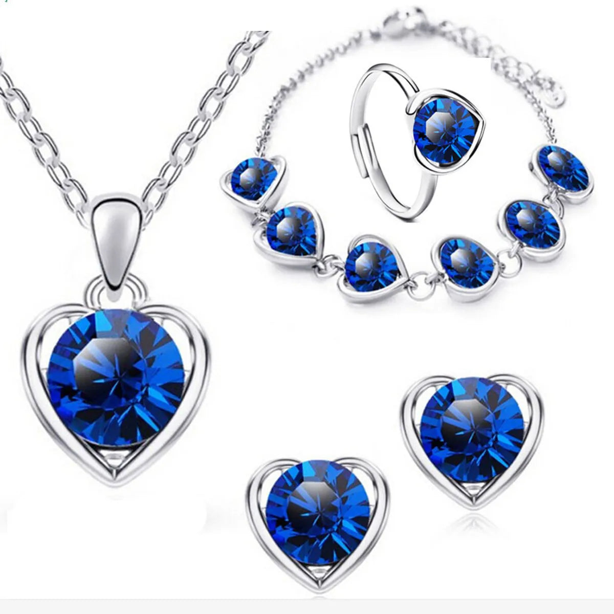 Fashion Wholesale Crystal Allioy Heart-shaped Necklace Earrings Ring Bracelet Four-piece Set