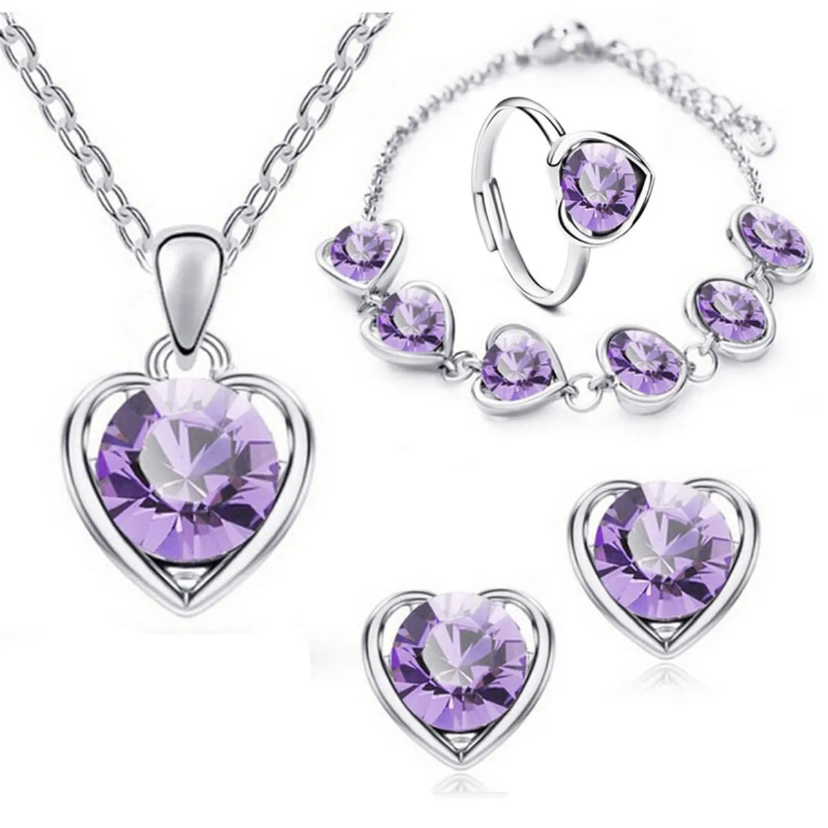 Fashion Wholesale Crystal Allioy Heart-shaped Necklace Earrings Ring Bracelet Four-piece Set