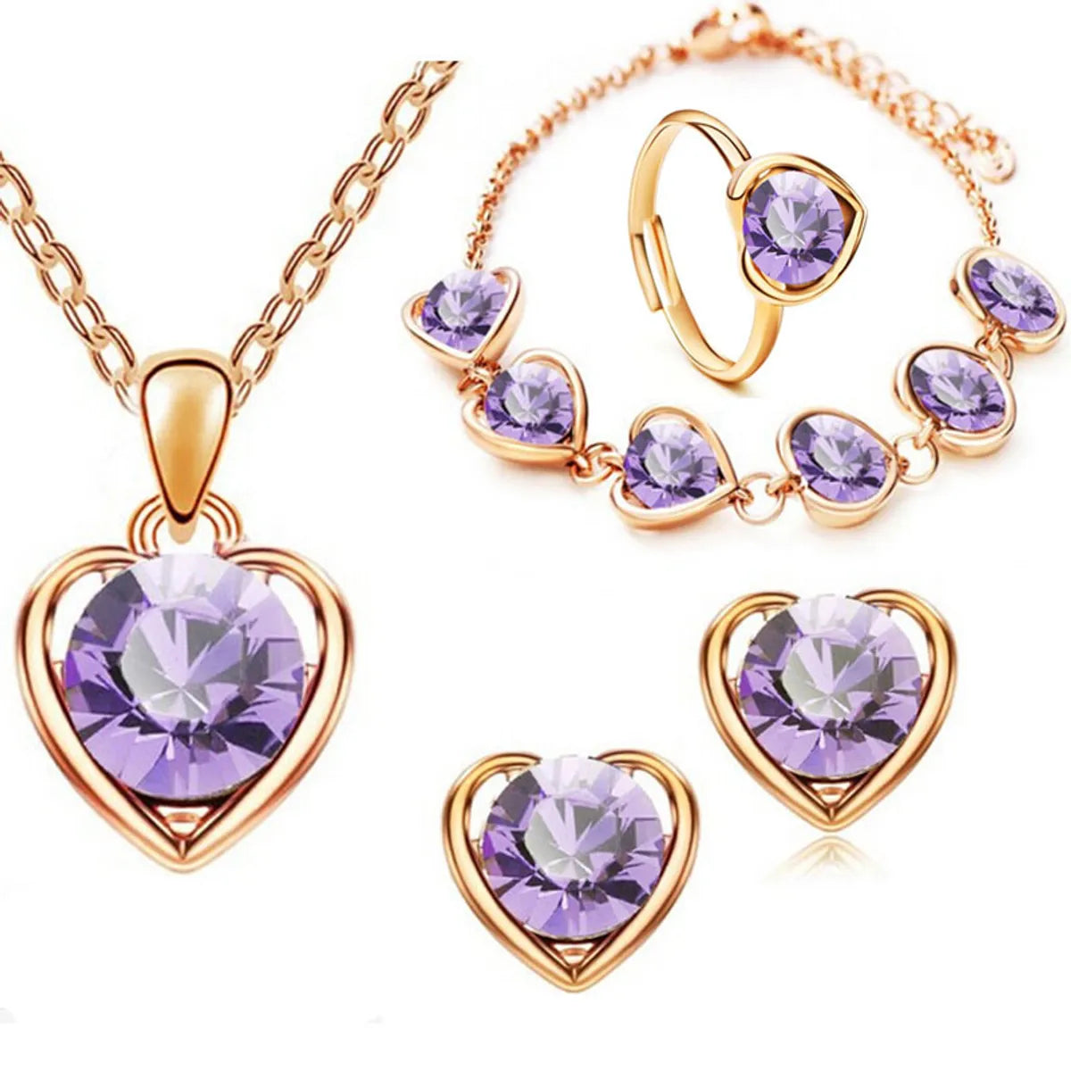 Fashion Wholesale Crystal Allioy Heart-shaped Necklace Earrings Ring Bracelet Four-piece Set