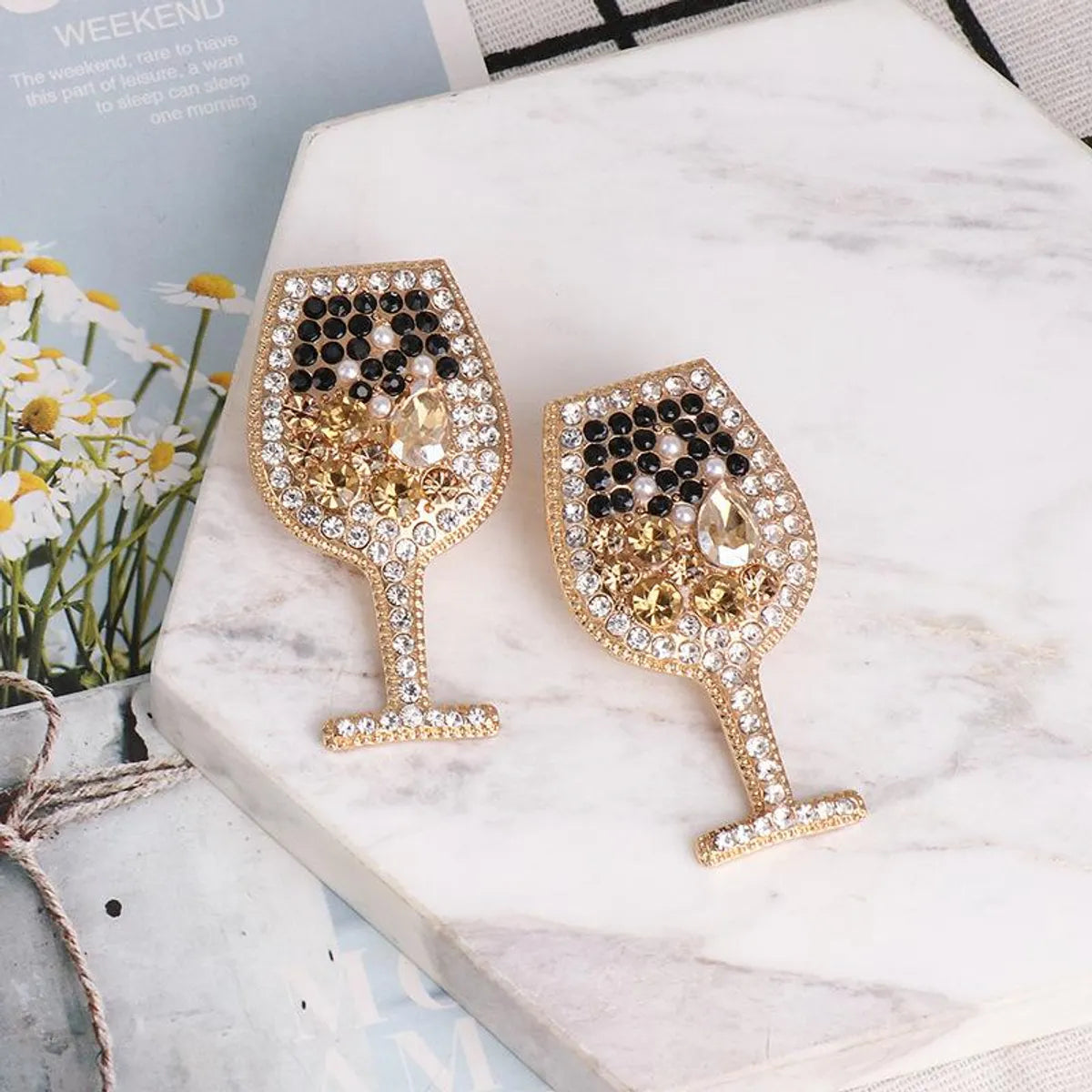 Fashion Wine Glass Diamond Alloy Acrylic Earrings Ear Studs