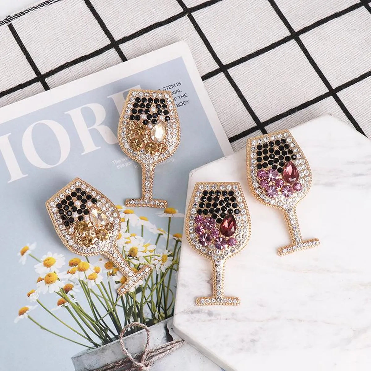 Fashion Wine Glass Diamond Alloy Acrylic Earrings Ear Studs