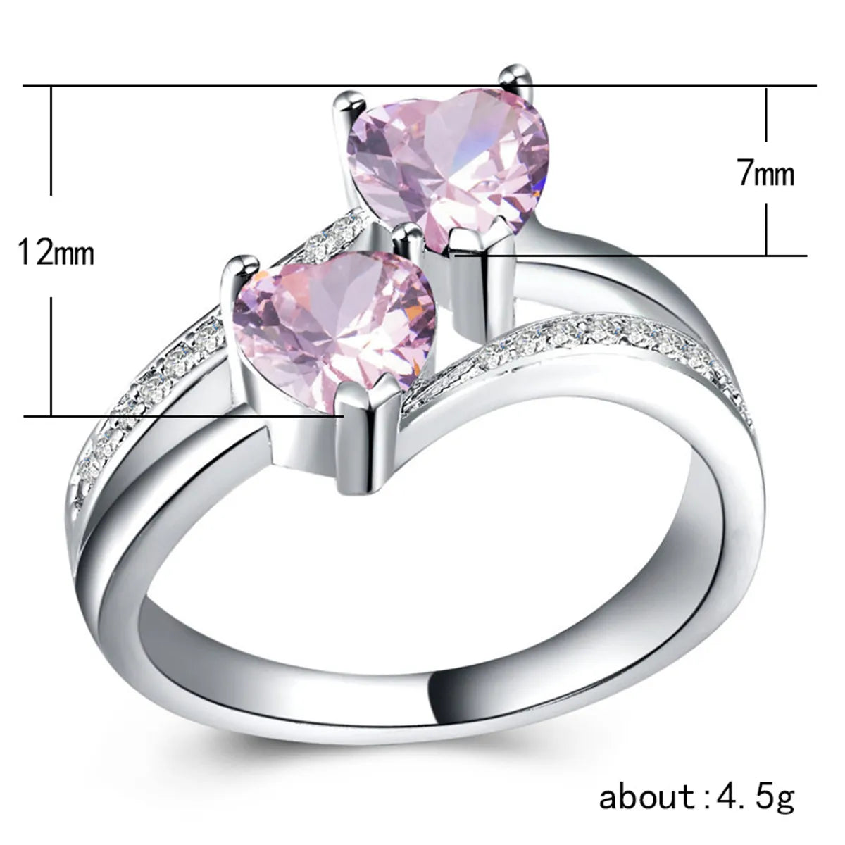 Fashion Zircon Ring Double Heart-Shaped Gemstone Platinum-Plated Copper Ring Jewelry Wholesale