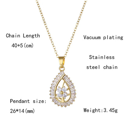 201 Stainless Steel Brass 18K Gold Plated Elegant Modern Style Classic Style Plating Inlay Four Leaf Clover Tree Water Droplets Zircon Pendant Necklace