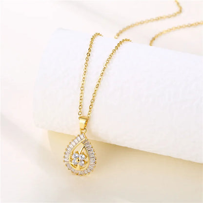 201 Stainless Steel Brass 18K Gold Plated Elegant Modern Style Classic Style Plating Inlay Four Leaf Clover Tree Water Droplets Zircon Pendant Necklace