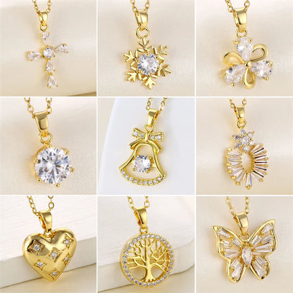 201 Stainless Steel Brass 18K Gold Plated Shiny Plating Inlay Cross Water Droplets Heart Shape Zircon Pendant Necklace