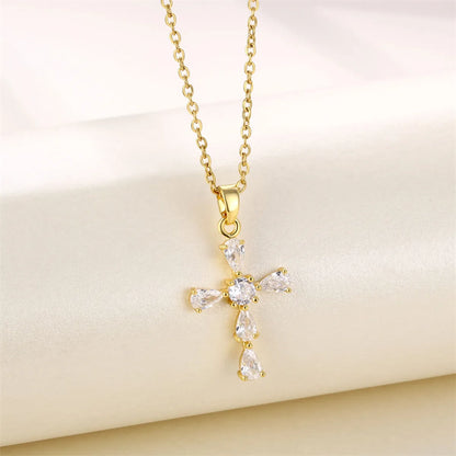 201 Stainless Steel Brass 18K Gold Plated Shiny Plating Inlay Cross Water Droplets Heart Shape Zircon Pendant Necklace