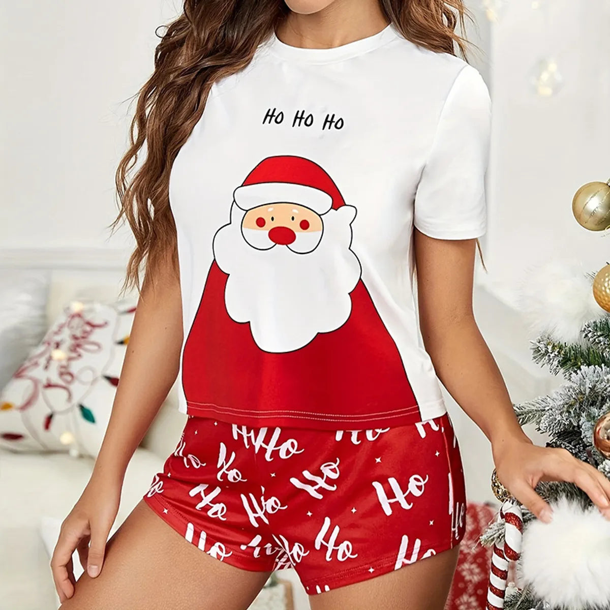 Festival Women'S Christmas Santa Claus Letter Polyester Milk Fiber Printing Shorts Sets Pajama Sets