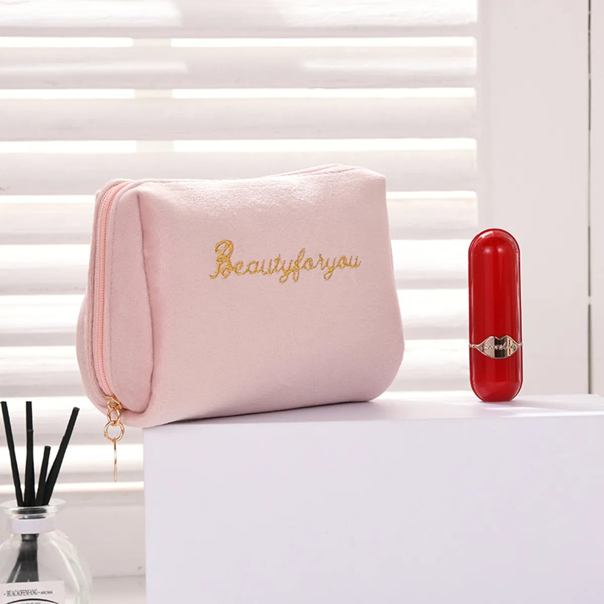 Velvet Zipper Double Layer Large Capacity Cosmetic Storage Bag