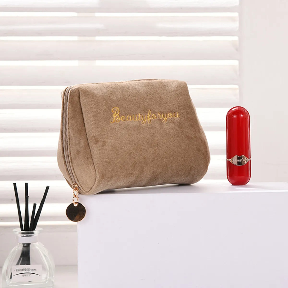 Velvet Zipper Double Layer Large Capacity Cosmetic Storage Bag