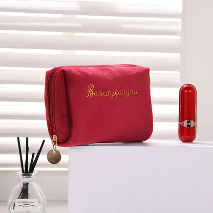 Velvet Zipper Double Layer Large Capacity Cosmetic Storage Bag