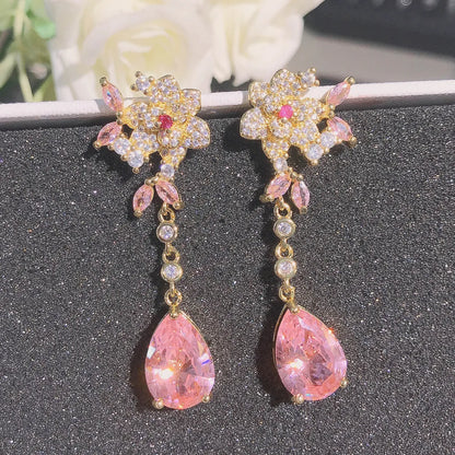 Flower Stud Earrings Stereo Rose Pink Drop-shaped Gemstone Crystal Long Earrings