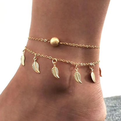 Foliage Footwear Simple Double Tassel Women's Small Leaf Anklet Wholesales Yiwu