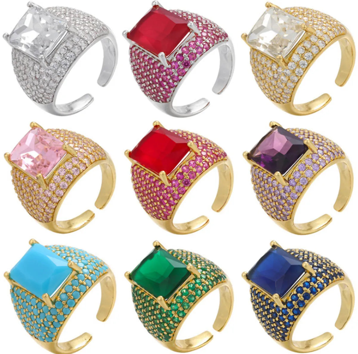 Foreign Trade Colorful Crystals Micro-inlaid Square Zircon Ring Exaggerated Wide Square Diamond European And American Style Open Men's Ring In Stock