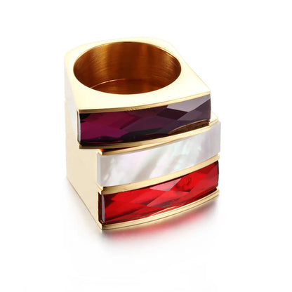 Foreign Trade Wholesale European And American Stainless Steel Golden Rectangular Six-color Glass Ring