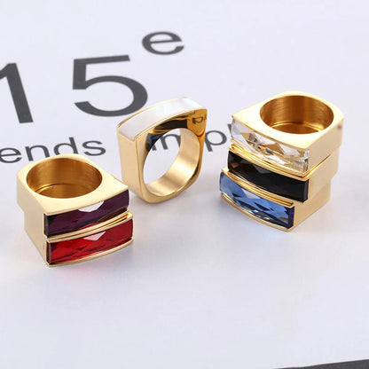 Foreign Trade Wholesale European And American Stainless Steel Golden Rectangular Six-color Glass Ring