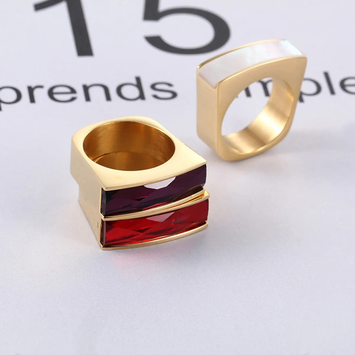 Foreign Trade Wholesale European And American Stainless Steel Golden Rectangular Six-color Glass Ring