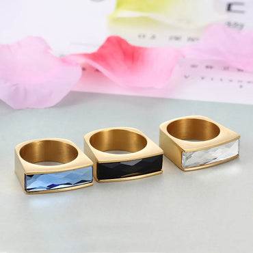 Foreign Trade Wholesale European And American Stainless Steel Golden Rectangular Six-color Glass Ring