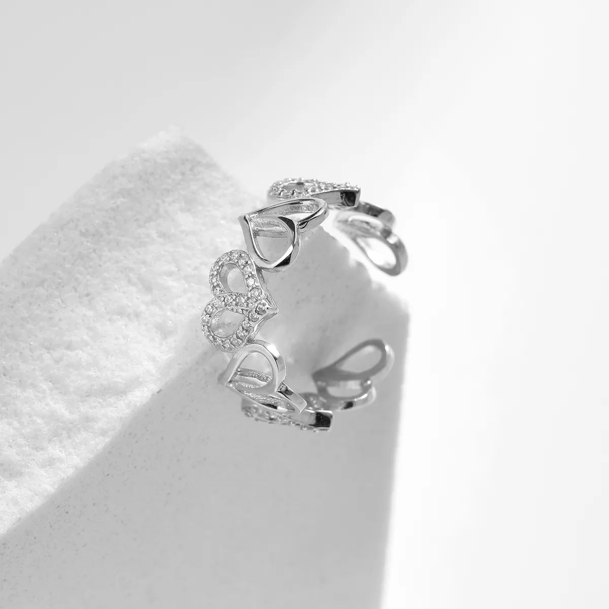 Ig Style Elegant French Style Heart Shape Sterling Silver Rhodium Plated Zircon Open Rings In Bulk