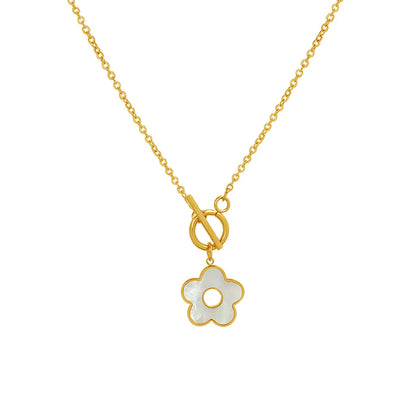 French Ot White Sea Shell Flower Buckle Titanium Steel Plated 18k Real Gold Necklace Female