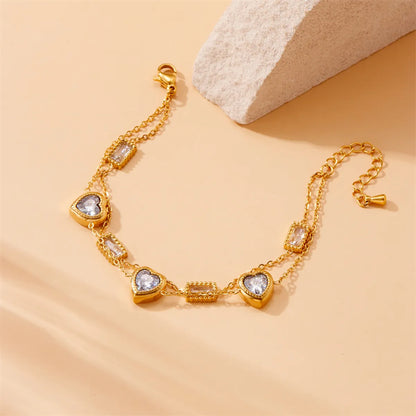 French Style Heart Shape 304 Stainless Steel 18K Gold Plated Artificial Rhinestones Bracelets In Bulk