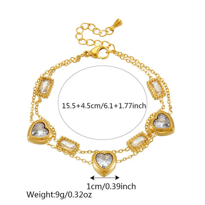 French Style Heart Shape 304 Stainless Steel 18K Gold Plated Artificial Rhinestones Bracelets In Bulk