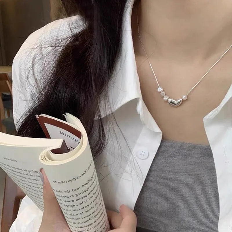 French Style IG Style Geometric Heart Shape Imitation Pearl Copper Wholesale Pendant Necklace