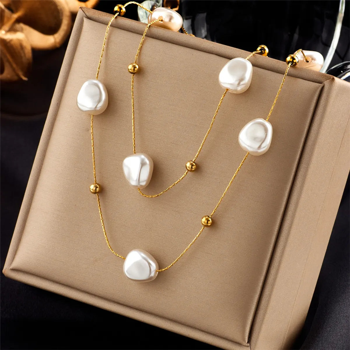 French Style Irregular Titanium Steel Pearl Plating Layered Necklaces