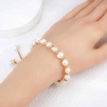 French Style Simple Style Round 304 Stainless Steel Freshwater Pearl 18K Gold Plated Freshwater Pearl Bracelets In Bulk