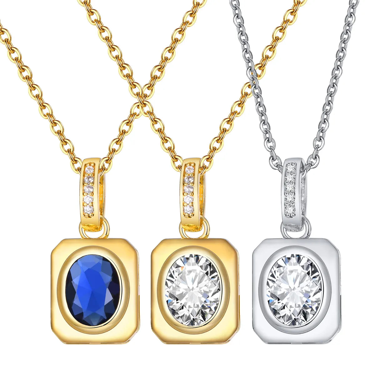 French Style Square Stainless Steel Copper Plating Inlay Zircon 18k Gold Plated Pendant Necklace