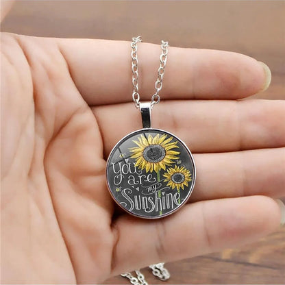 French Style Sweet Commute Sunflower Letter Alloy Plating Glass Silver Plated Unisex Pendant Necklace