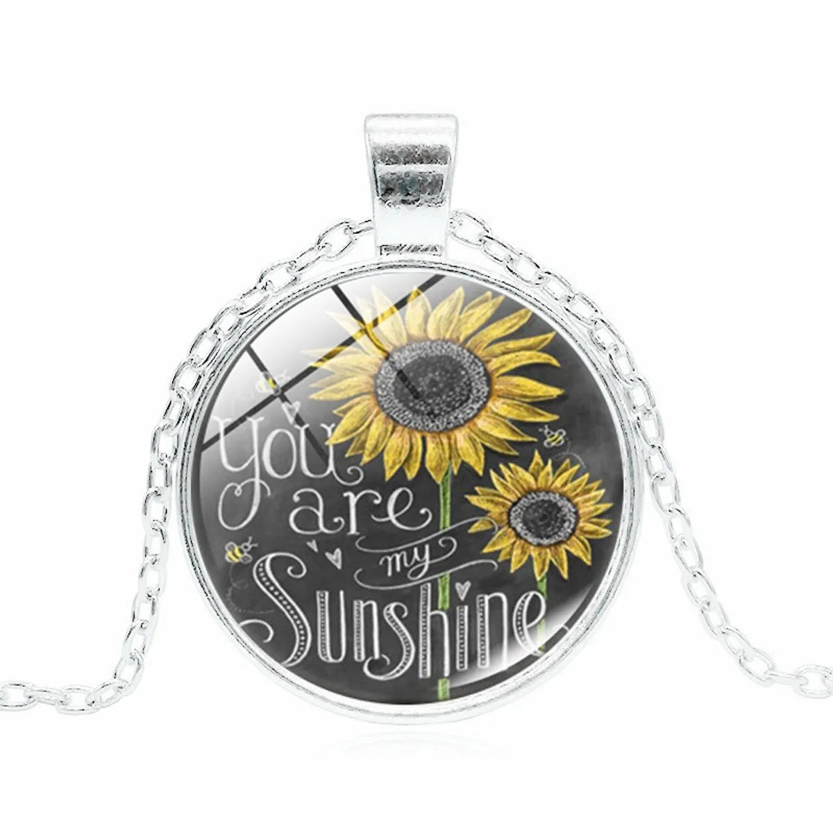 French Style Sweet Commute Sunflower Letter Alloy Plating Glass Silver Plated Unisex Pendant Necklace